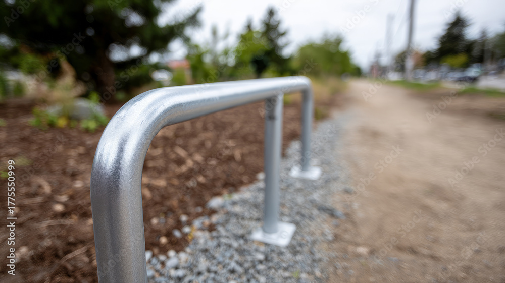 Fototapeta premium Metal railing along a walkway in a park setting.