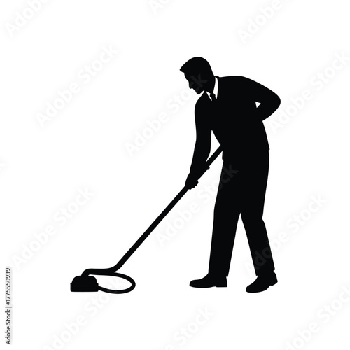 Office man cleaning floor silhouette with vacuum cleaner for business hygiene