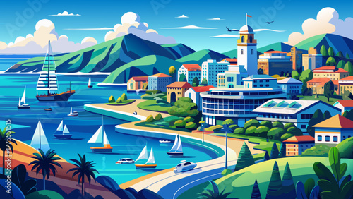 Very beautiful view of Port Macquarie in New South Wales, Australia, showcasing modern buildings, coastal greenery, and ships gracefully moving across the sparkling blue water under clear skies.