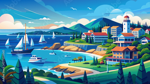 Very beautiful view of Port Macquarie in New South Wales, Australia, showcasing modern buildings, coastal greenery, and ships gracefully moving across the sparkling blue water under clear skies.