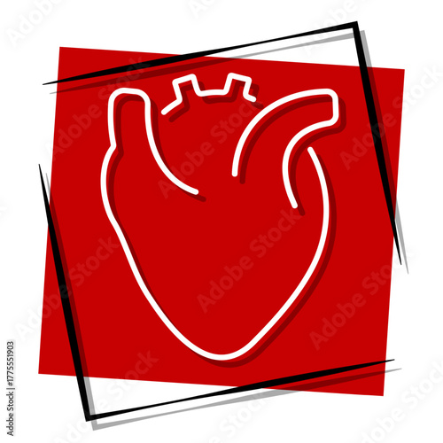 heart organ, red banner in a frame. Vector illustration on a white background.