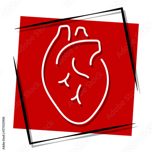heart organ, red banner in a frame. Vector illustration on a white background.