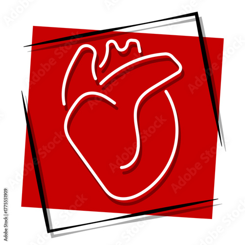 heart organ, red banner in a frame. Vector illustration on a white background.