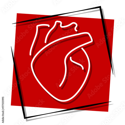 heart organ, red banner in a frame. Vector illustration on a white background.