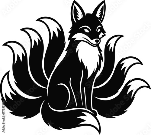 This image showcases a striking, stylized depiction of a fox with multiple flowing tails, reminiscent of mythical creatures. The fox is illustrated with bold lines and a sleek design, exuding a sense 