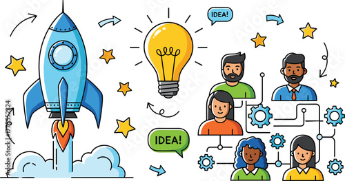 vector innovation teamwork rocket light bulb idea collaboration people communication creative business startup design