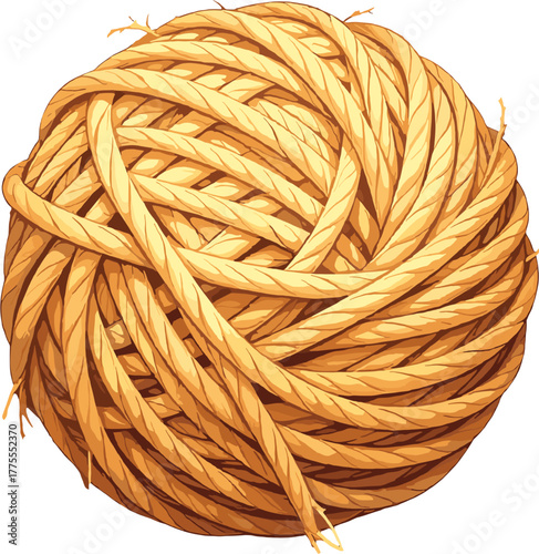 A tightly wound ball of thick yellow rope illustrated with detailed braided texture, ideal for craft-themed graphics, nautical design concepts, DIY projects, workshop branding and decorative handmade-