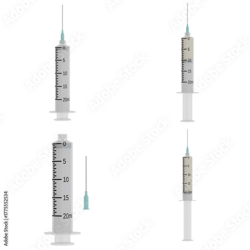 3d render of 20 cc syringe on transparent background, 4 action, 2k