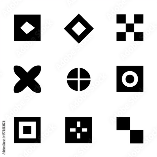A grid of nine abstract dark square icons with geometric patterns and shapes, including diamonds, grids, crosses, and circles