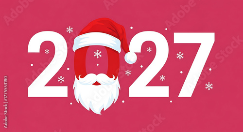 Happy new year 2027 with santa claus face and snowflakes on pink