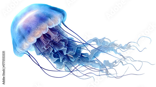 jellyfish illustration, glowing translucent body with trailing tentacles, isolated on white background
