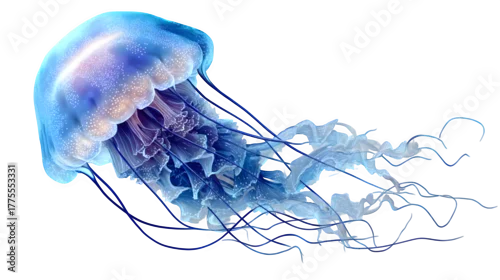 Fototapeta jellyfish illustration, glowing translucent body with trailing tentacles, isolated on white background