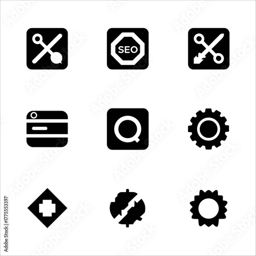 Set of nine black and white icons related to digital marketing, seo, and business processes, displayed on a plain background