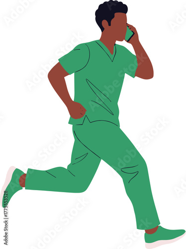 Healthcare professional running with phone, emergency medical staff in scrubs, doctor rushing for urgent call, hospital worker illustration concept