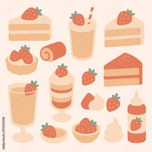 Set of cakes and cupcakes with strawberry jam seamless pattern