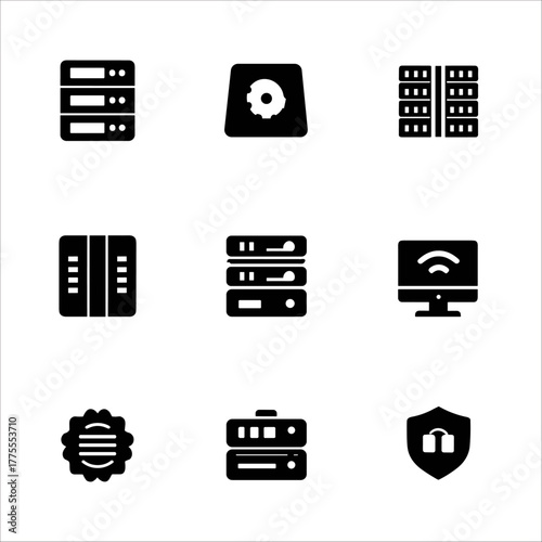 Set of server rack icons, computer hardware, network equipment, and security shield