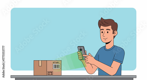 Man Scanning Package Barcode With Smartphone For Return Process