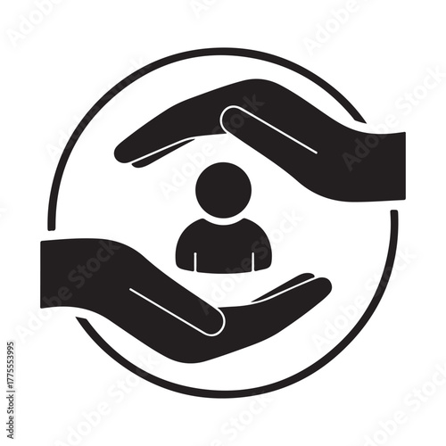 Minimalist Black Icon: Hands Protecting Person within Circular Frame