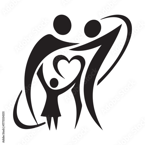 Stylized Black Family Silhouette with Heart Symbol and Flowing Lines
