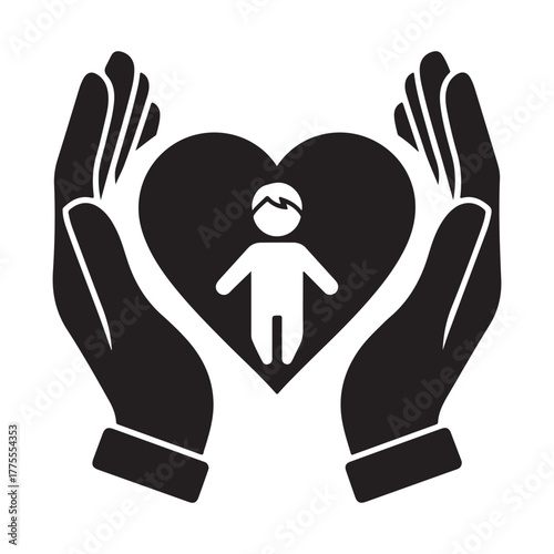 Simple Black Icon of Caring Hands Protecting Child within Heart