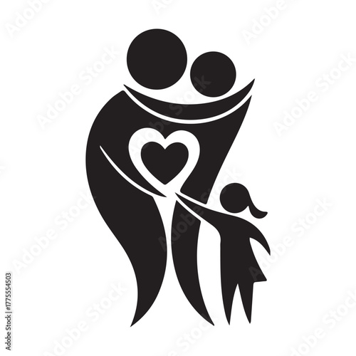 Minimalist Family Silhouette Icon with Heart Shape Vector Graphic