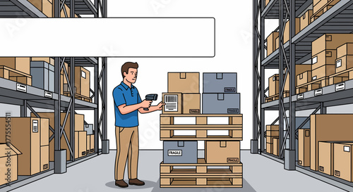 Warehouse Worker Scanning Boxes With Barcode Reader In Distribution Center