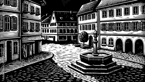 Town square black and white drawing sketch art illustration vintage buildings architecture streets cape fountain