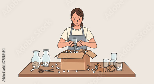 Woman Carefully Packing Glassware For Moving Home Or Secure Shipping