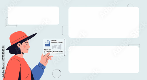Woman Holding Card Displaying Origin And Manufacturer Blank Templates
