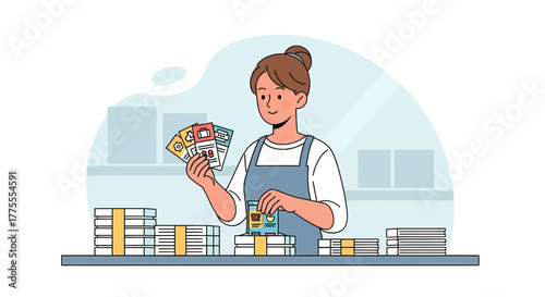Woman Organizing And Preparing Customized Promotional Cards For Delivery