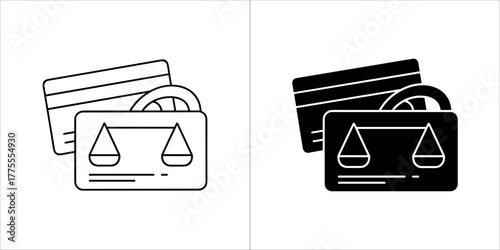Credit card and scales of justice icon, representing legal or financial dispute, black and white