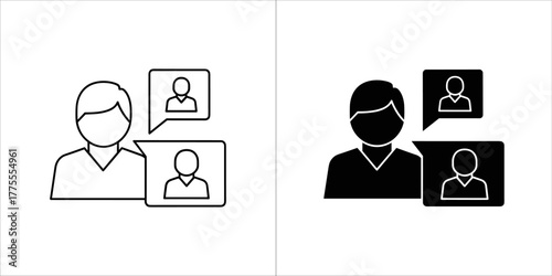 Icon representing communication between people, one main person and two others in speech bubbles