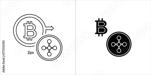 Bitcoin and network node icons, one in outline and one in solid black, representing cryptocurrency and connectivity