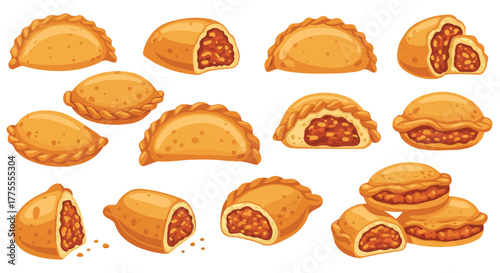 Flat 2D vector illustration showcasing several golden-brown Latin American empanadas filled with savory ground meat, isolated clearly against a clean white background.