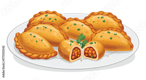 Flat 2D vector illustration of savory empanadas arranged neatly on a simple white plate against a clean, bright, isolated white background.