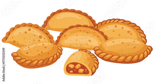 Delicious traditional Latin American savory empanadas, perfectly folded and filled, presented in a modern flat 2D vector illustration against a clean, isolated white background.
