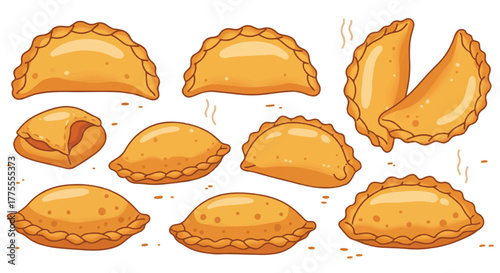Crispy fried empanadas emitting hot steam are presented as a vibrant 2D flat vector illustration isolated against a clean white background, highlighting delicious Latin American cuisine.