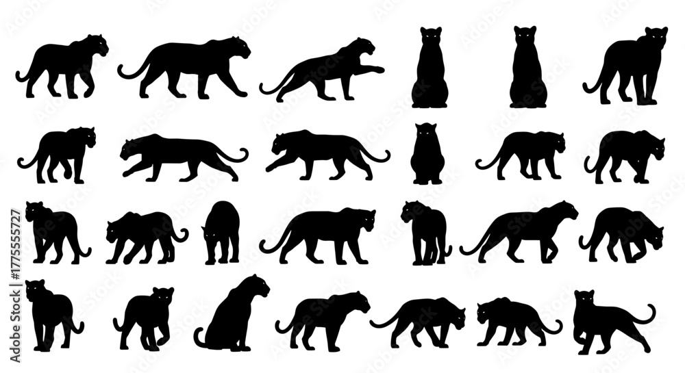 Obraz premium Dynamic black panther silhouettes showcasing powerful stances and elegant movements, perfect for wild animal branding and design projects.