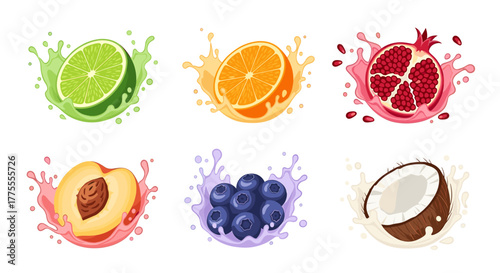 Vibrant splashes of fresh fruit juice bursting with flavor, perfect for vibrant beverage advertising and healthy lifestyle promotions