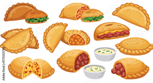 Delicious savory Spanish or Latin American empanadas served with a flavorful dipping sauce, depicted in a minimalist 2D flat vector illustration isolated on a crisp white background.
