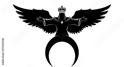 Majestic winged figure crowned in regal splendor, arms outstretched in powerful embrace, symbolizing authority and divine presence.