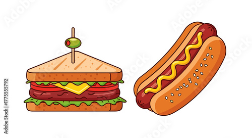 Juicy hot dog with mustard and stacked club sandwich with olive on toothpick, perfect for food blogs, menus, and culinary promotions