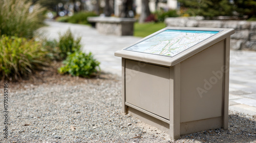 Outdoor map information board in a park for navigation and guidance.
