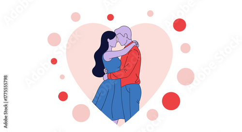 Passionate couple embracing tenderly within a large heart graphic symbolizing love and deep connection