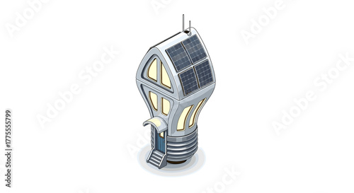 Innovative lightbulb-shaped house powered by solar panels, symbolizing bright ideas and sustainable living in a modern world.