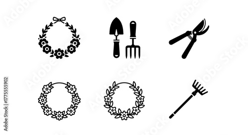 Stunning collection of decorative floral wreaths and essential gardening tools perfect for spring projects and elegant designs