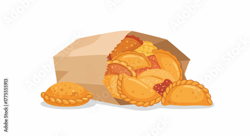Flat 2D vector illustration showing golden-brown empanadas packaged neatly inside a crinkled brown paper bag, evoking delicious street food culture on a clean white background.