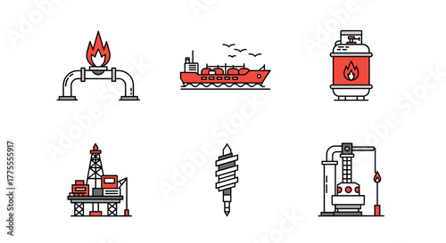 Dynamic energy industry icons showcasing offshore rigs, pipelines, tankers, and processing plants for modern business concepts