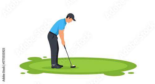Concentrated golfer lining up a crucial putt on a vibrant green course, aiming for a perfect shot and victory.