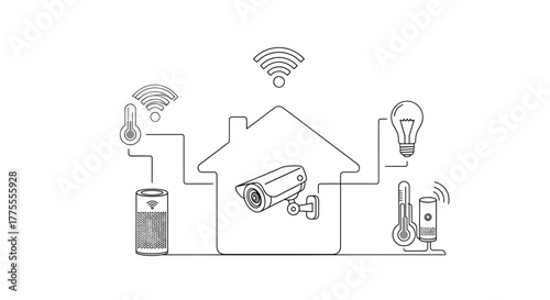 Modern smart home security system integrates cameras, climate control, and lighting for ultimate connected living and convenience